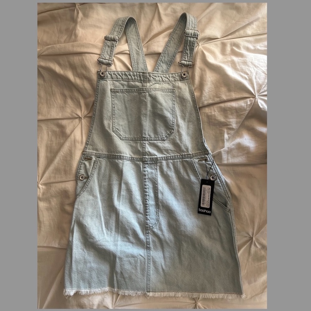 Denim Pinafore, Overalls Dress | Stretchy - Light Wash | Size UK 14 / US 10